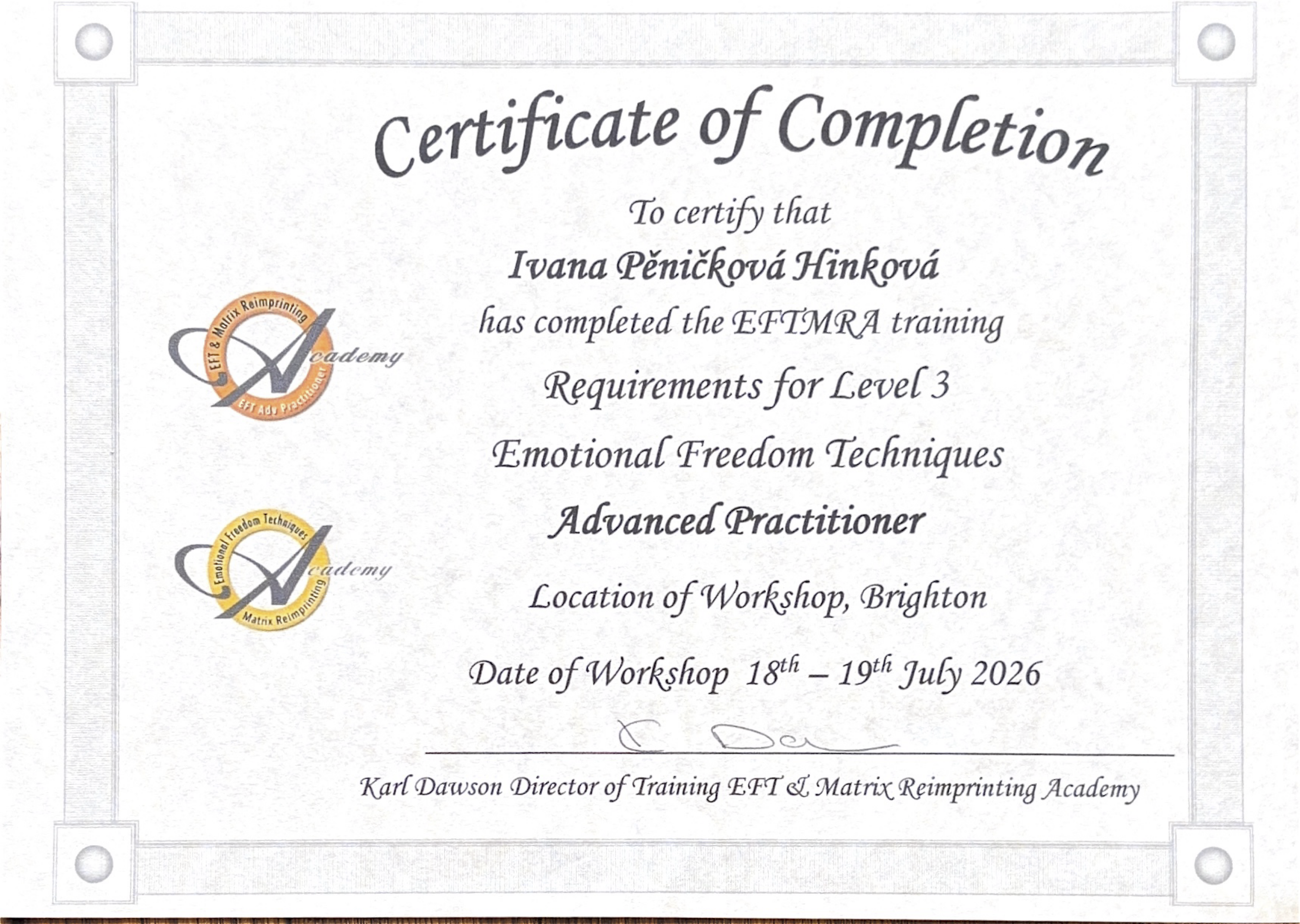 Certifikát EFT a Matrix Reimpringting 2026