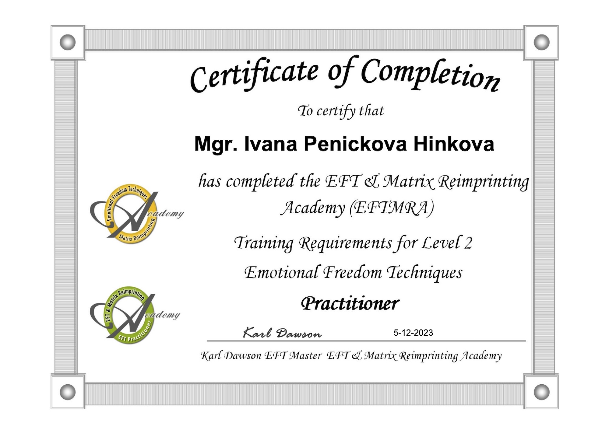 Certifikát EFT a Matrix Reimpringting 2023
