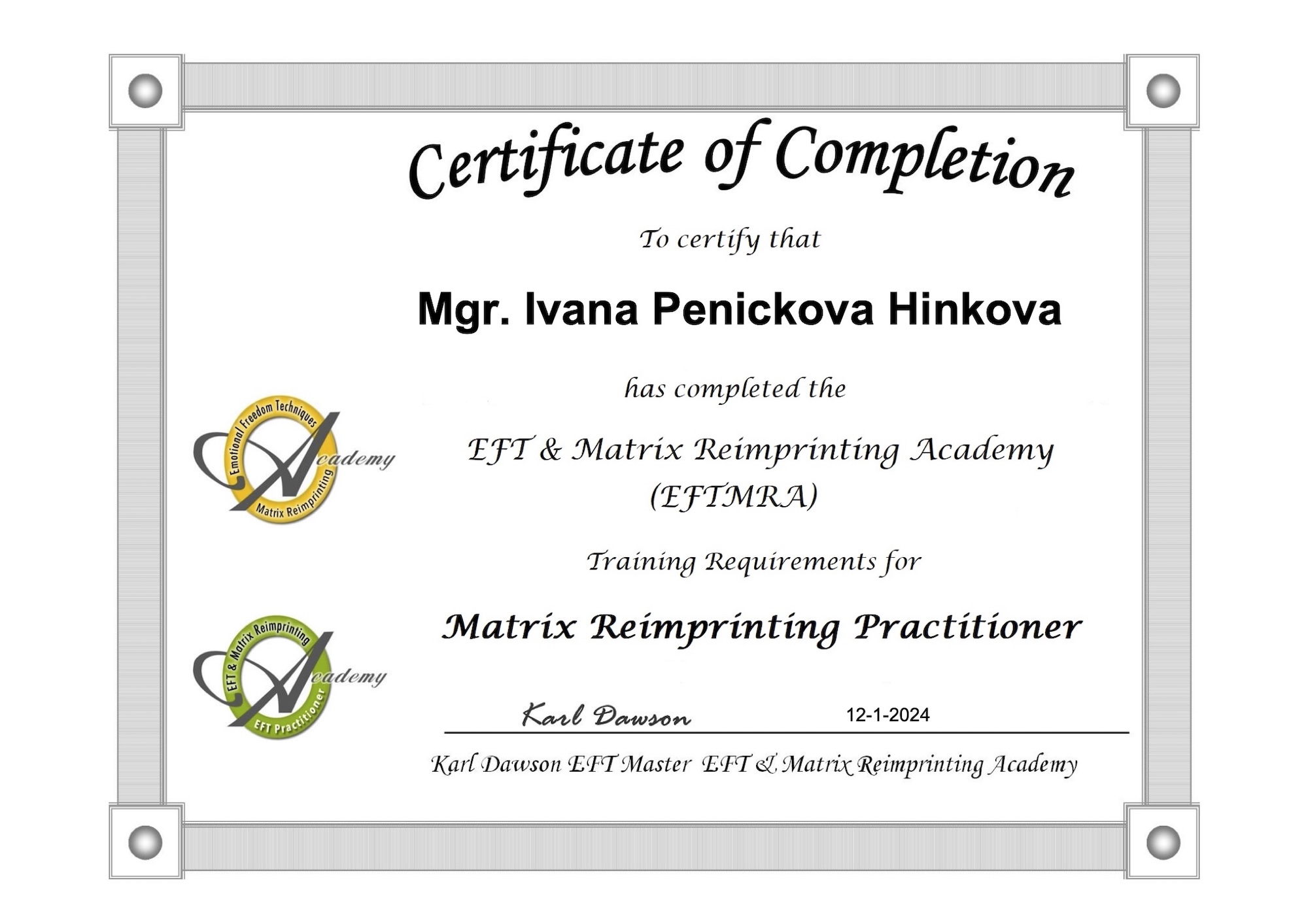 Certifikát EFT a Matrix Reimpringting 2024