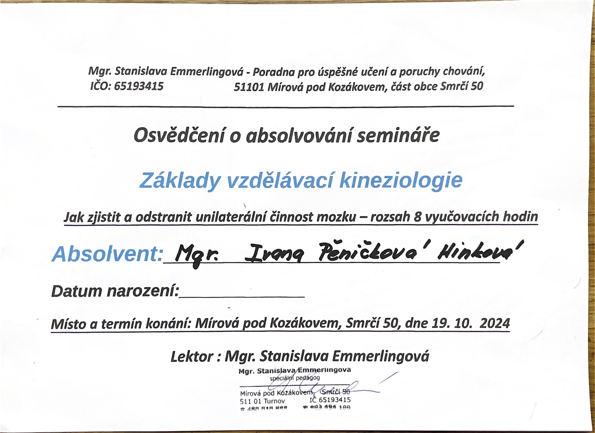 Certifikát Kineziologie 2024