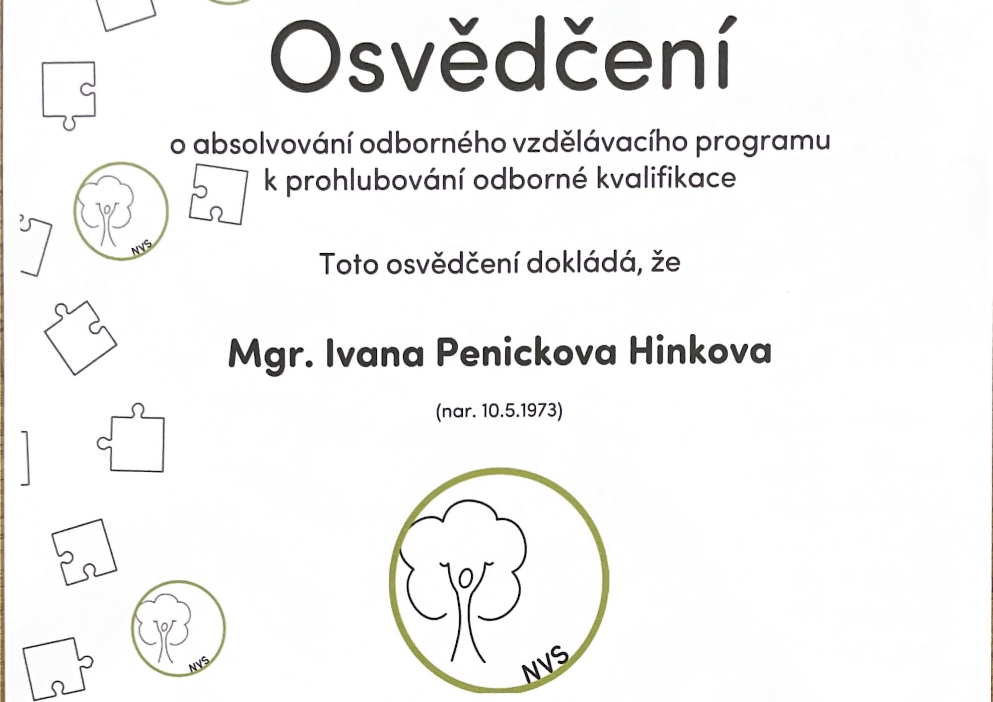 Certifikát Neurovývojová stimulace